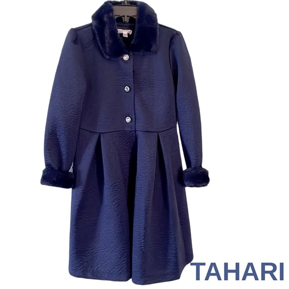 Tahari Girls Blue Faux Fir Trim Quilted Coat with Crystal Buttons Size Small - Picture 1 of 8